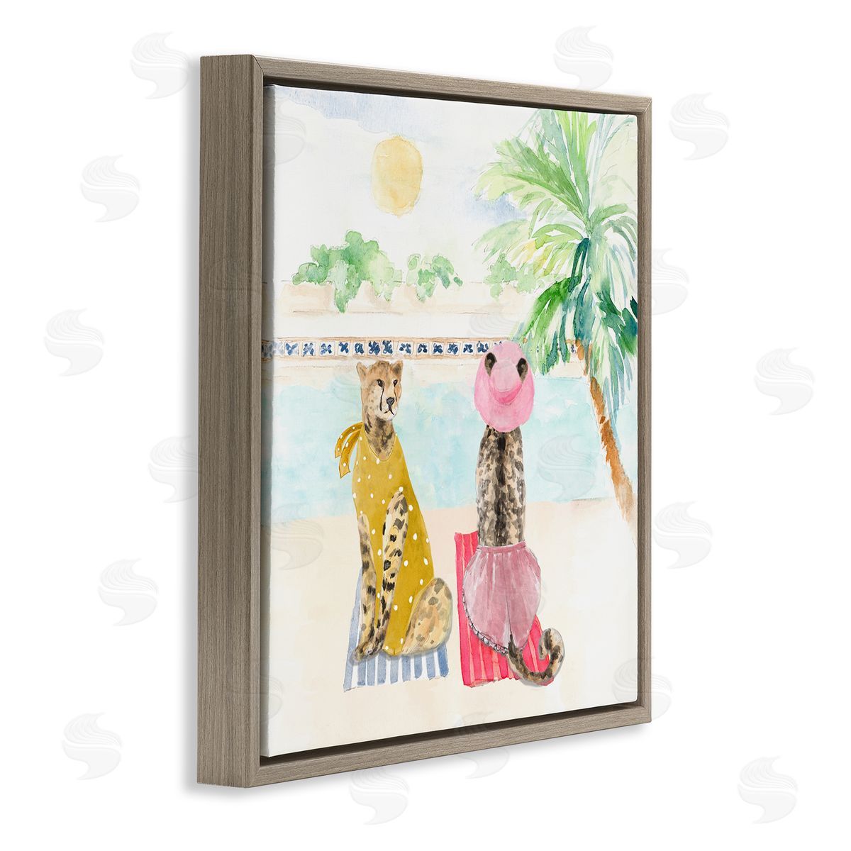Lanie Loreth Pool Side Cheetahs Fun Wildlife Brown Floating Frame Canvas Wall Art Print