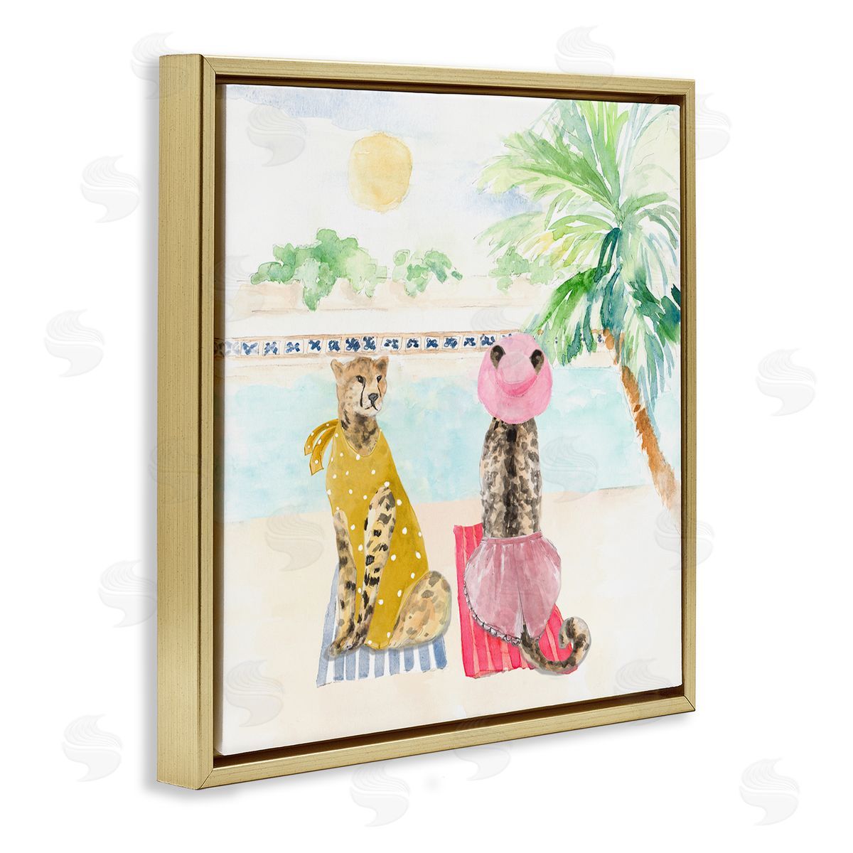 Lanie Loreth Pool Side Cheetahs Fun Wildlife Gold Floating Frame Canvas Wall Art Print