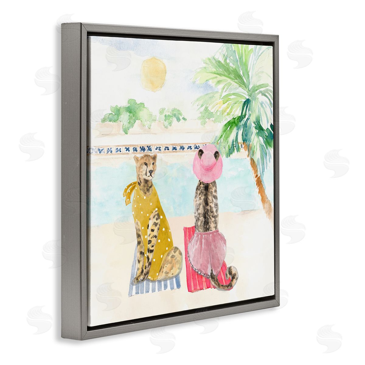Lanie Loreth Pool Side Cheetahs Fun Wildlife Gray Floating Frame Canvas Wall Art Print