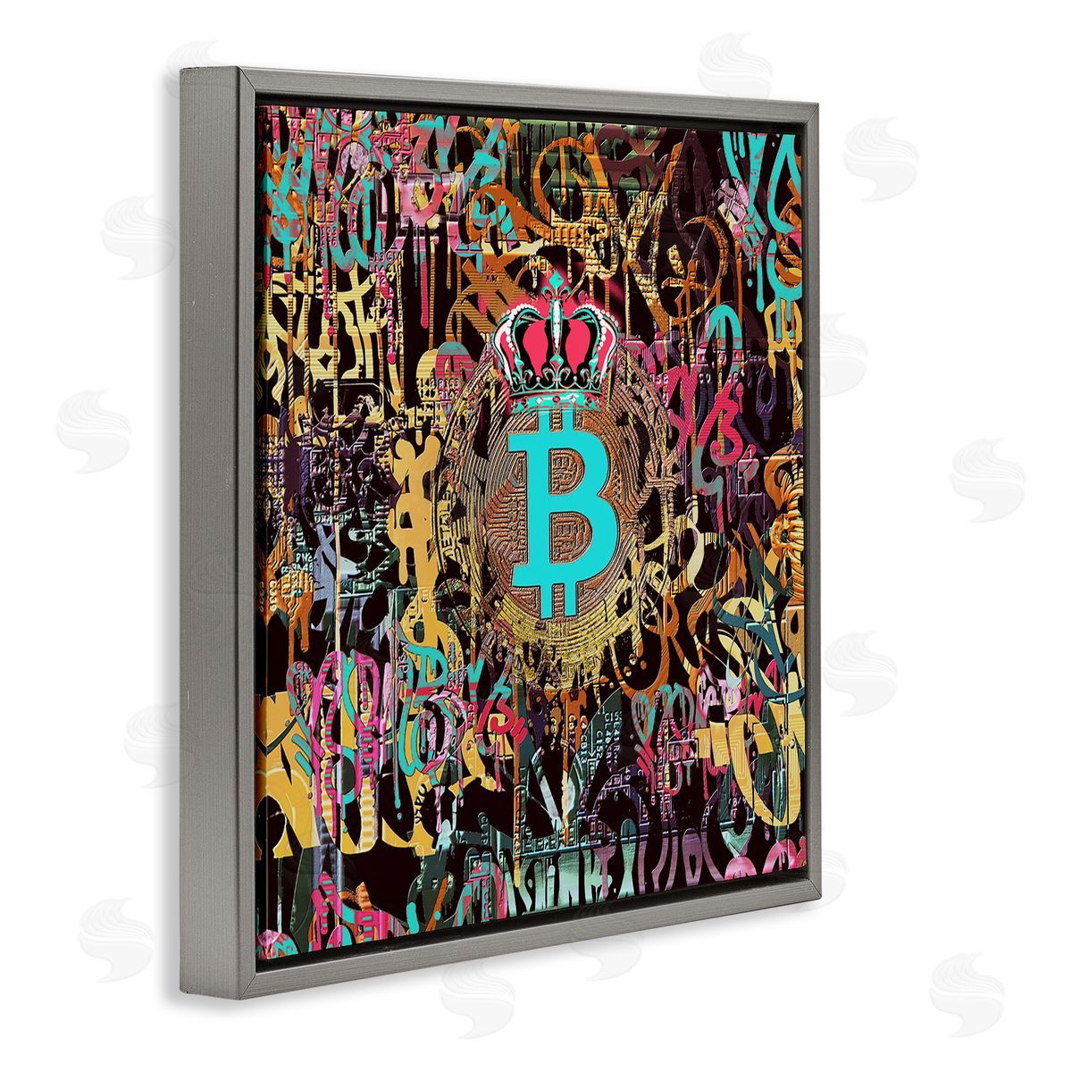 Irena Orlov Graffiti Street Style Bitcoin Symbol Gray Floating Frame Canvas Wall Art Print