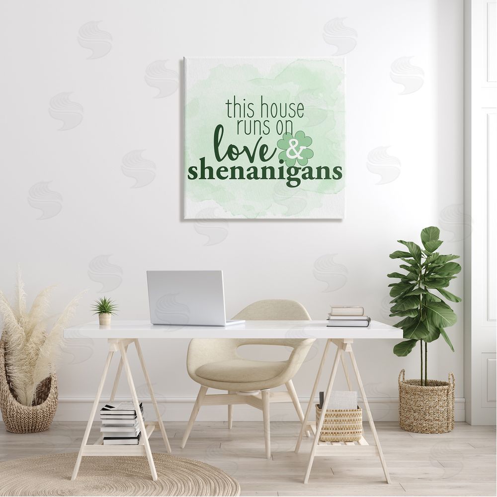 Kim Allen Love & Shenanigans Family Shamrock Phrase Canvas Wall Art in Room