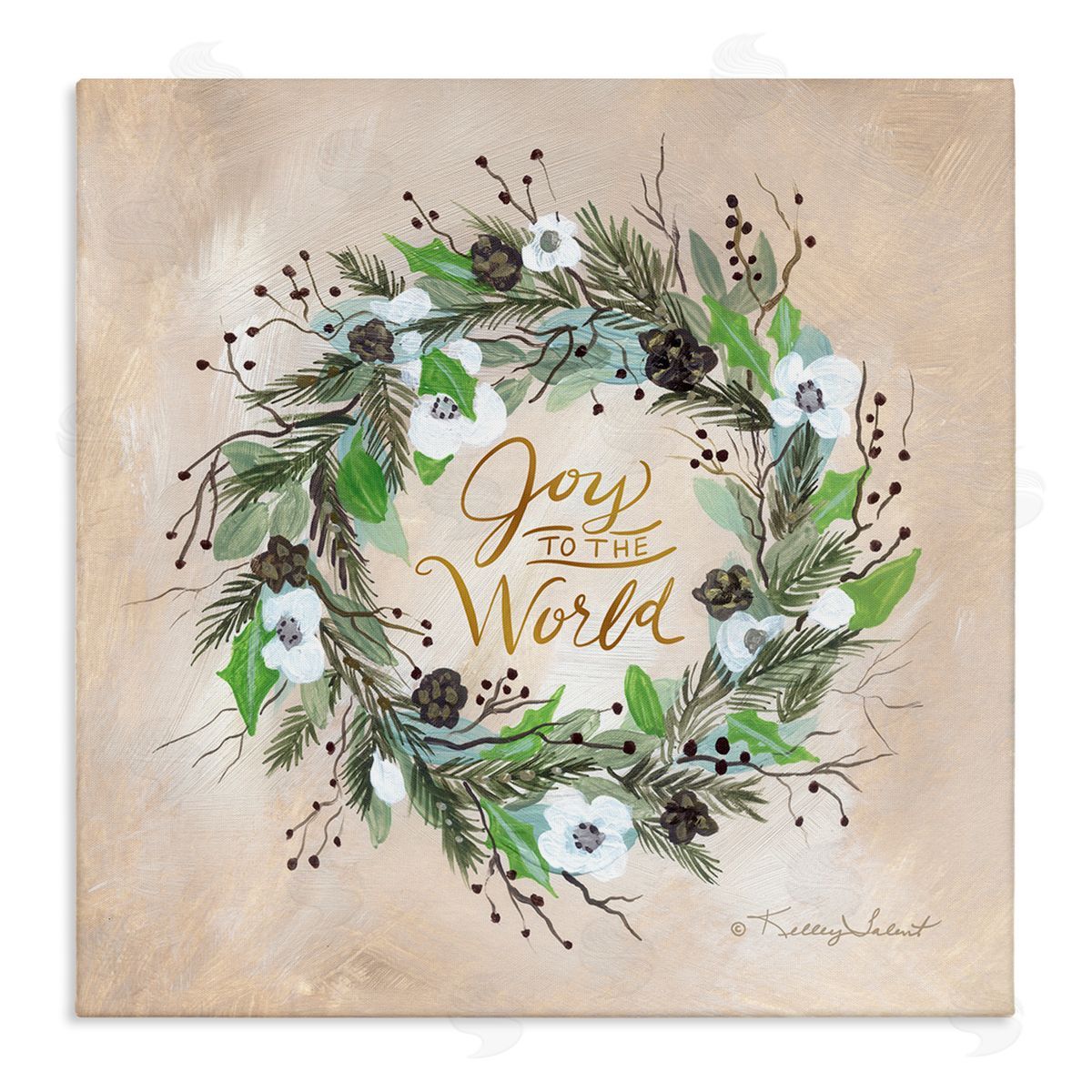Kelley Talent Joy To The World Holiday Floral Wreath Stretched Canvas Wall Art Print