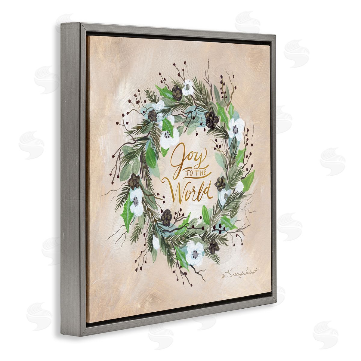 Kelley Talent Joy To The World Holiday Floral Wreath Gray Floating Frame Canvas Wall Art Print