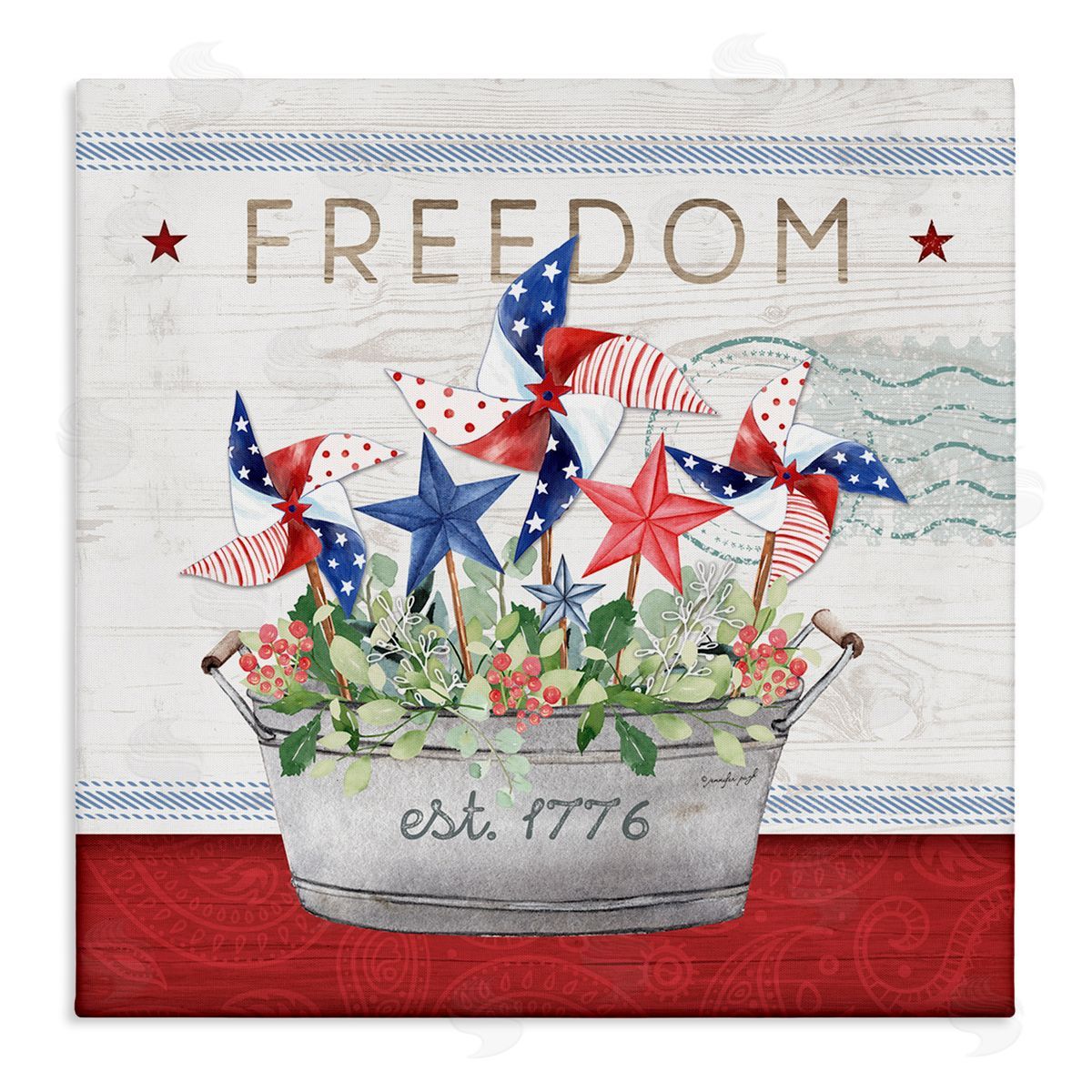 Jennifer Pugh Freedom Americana Floral Pinwheels Stretched Canvas Wall Art Print