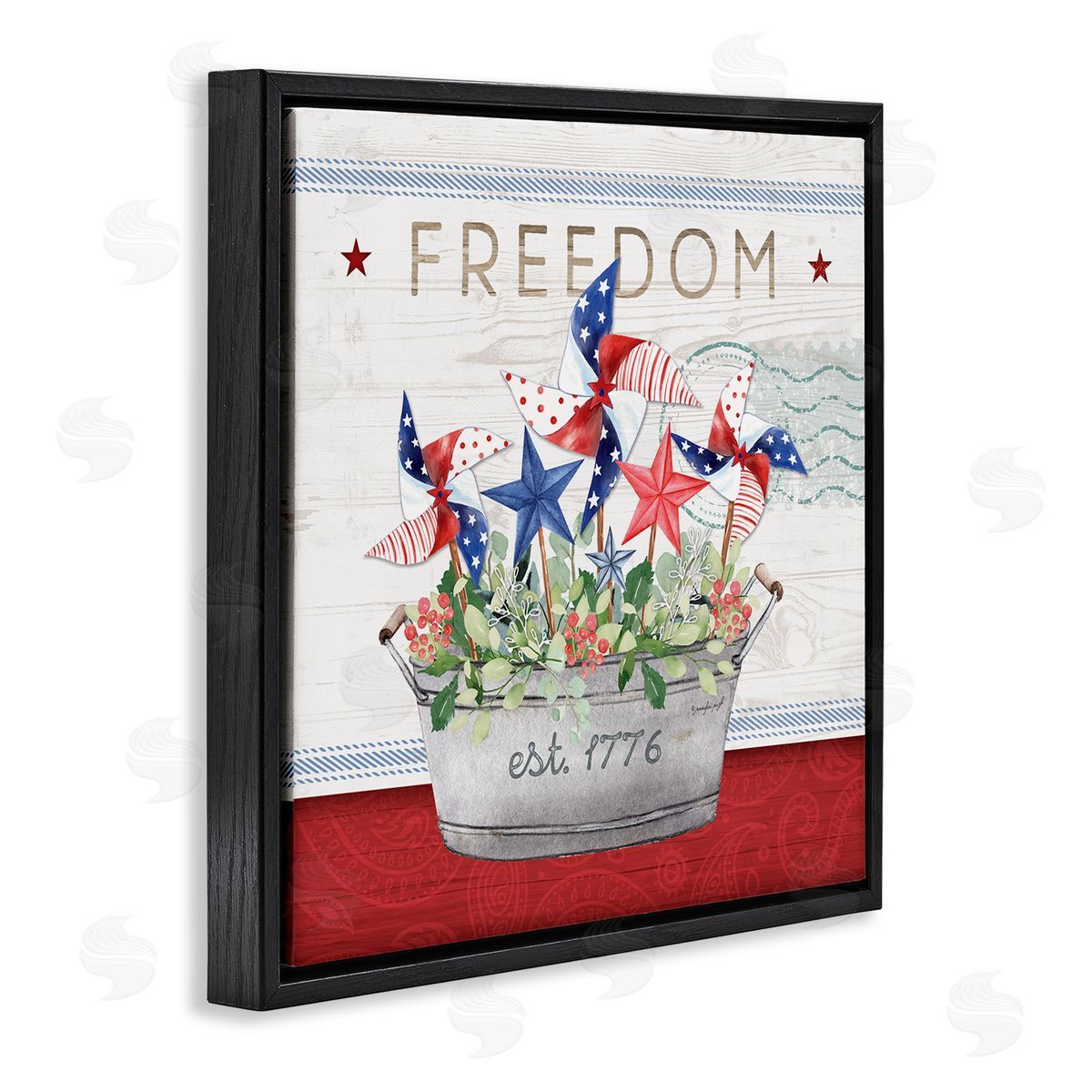 Jennifer Pugh Freedom Americana Floral Pinwheels Black Floating Frame Canvas Wall Art Print