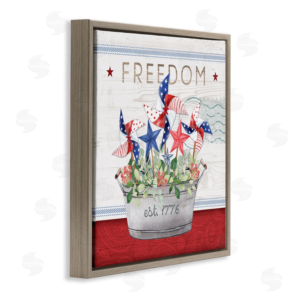 Jennifer Pugh Freedom Americana Floral Pinwheels Brown Floating Frame Canvas Wall Art Print