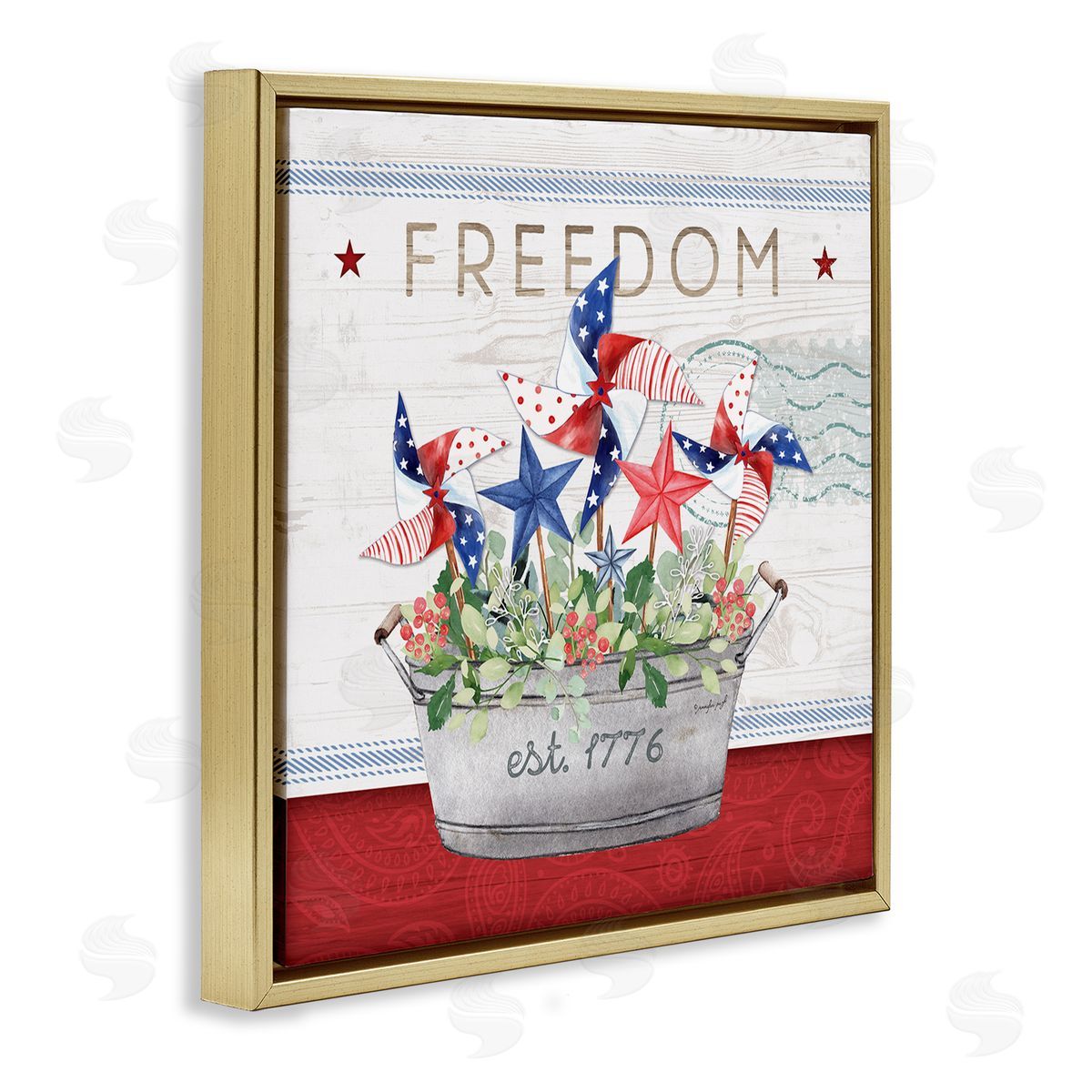 Jennifer Pugh Freedom Americana Floral Pinwheels Gold Floating Frame Canvas Wall Art Print