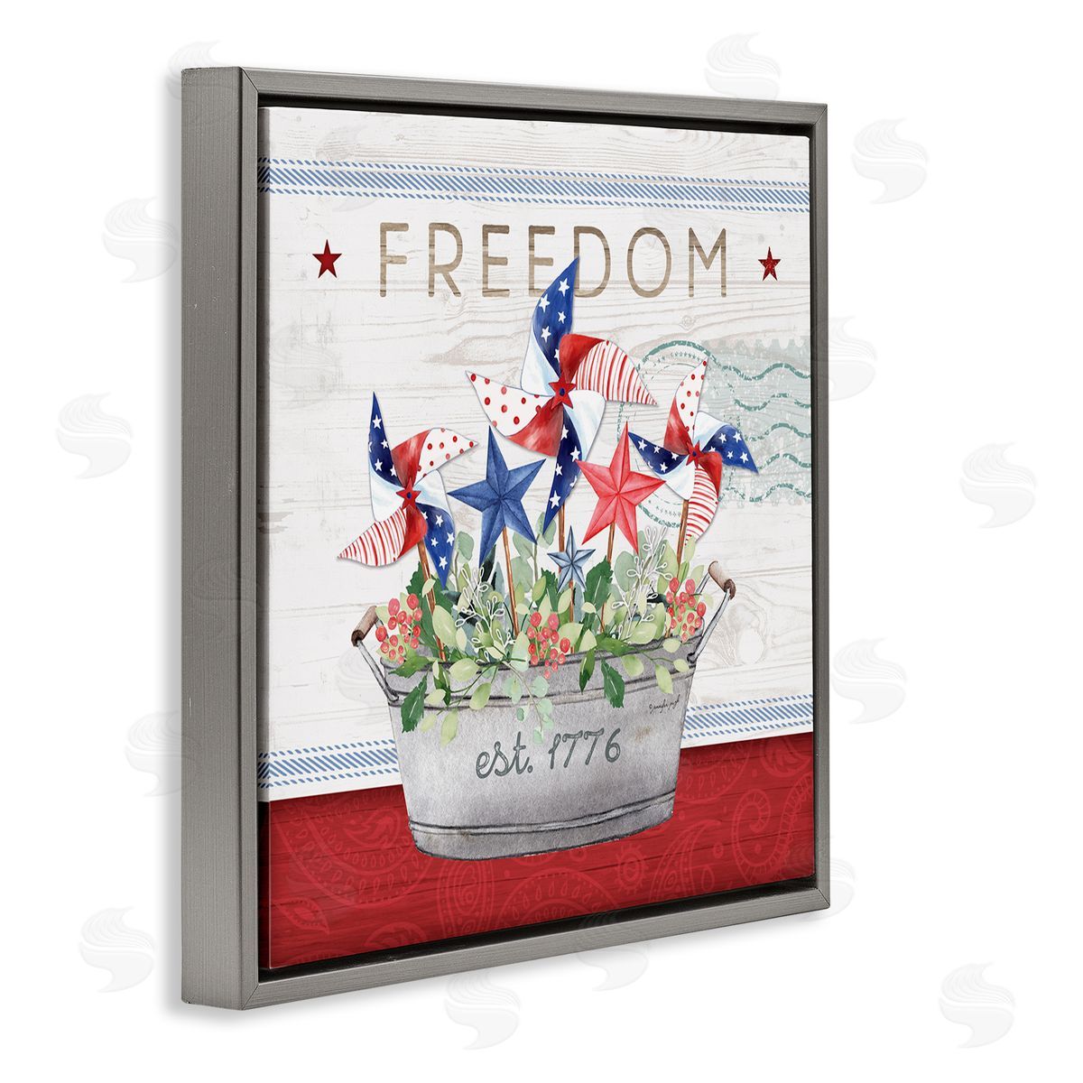 Jennifer Pugh Freedom Americana Floral Pinwheels Gray Floating Frame Canvas Wall Art Print