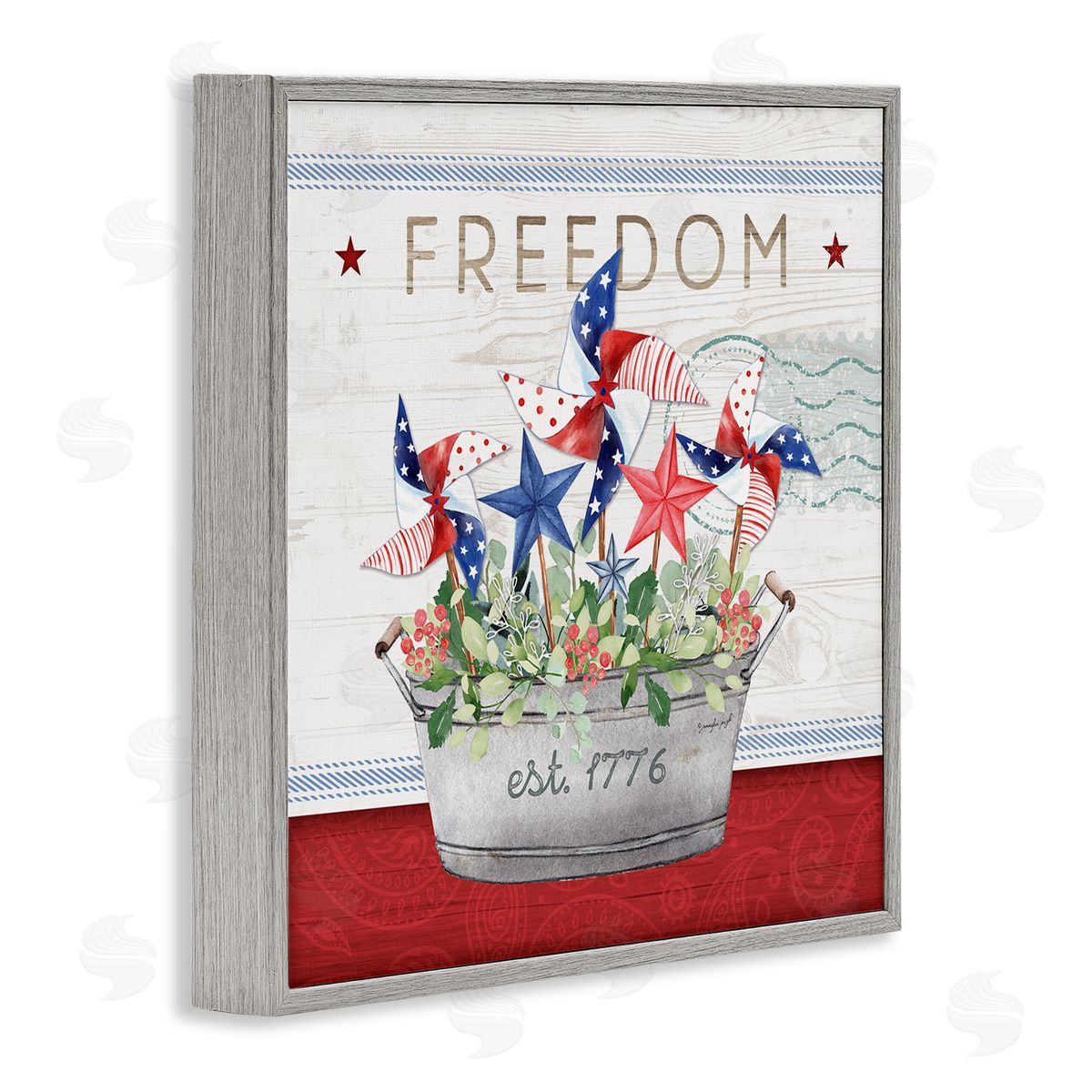 Jennifer Pugh Freedom Americana Floral Pinwheels Gray Framed Glicee Wall Art Print