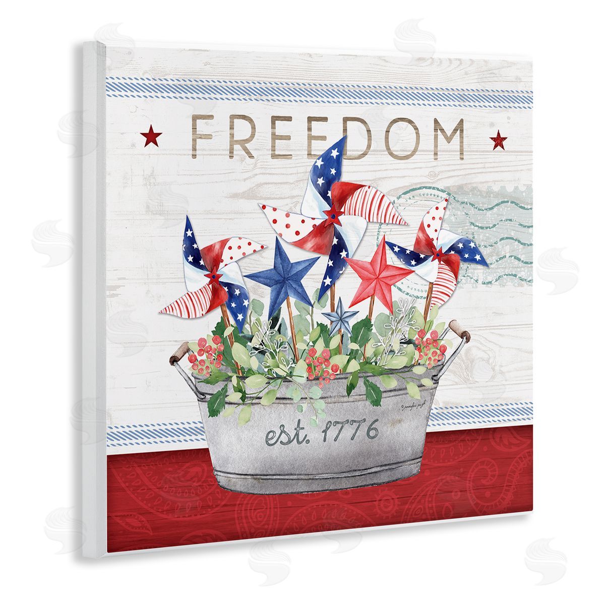Jennifer Pugh Freedom Americana Floral Pinwheels Wooden Wall Plaque Art Print