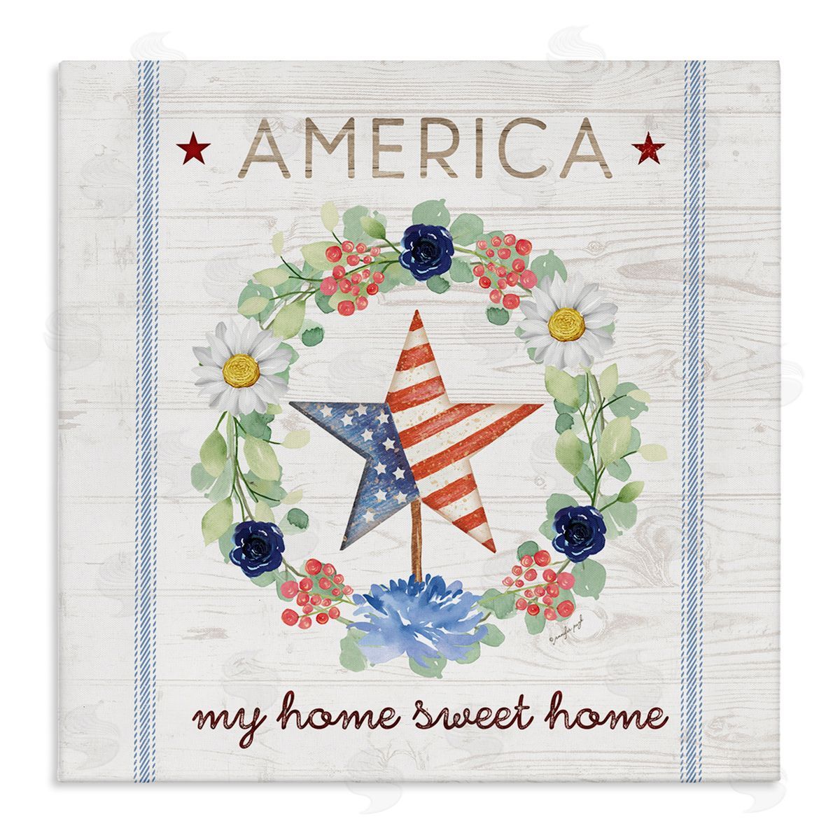 Jennifer Pugh America My Sweet Home Daisy Wreath Stretched Canvas Wall Art Print