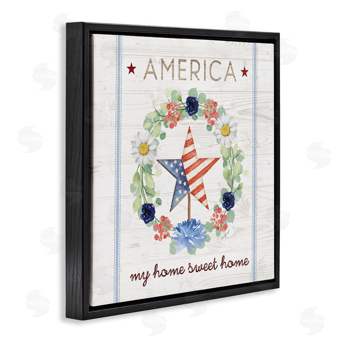 Jennifer Pugh America My Sweet Home Daisy Wreath Black Floating Frame Canvas Wall Art Print