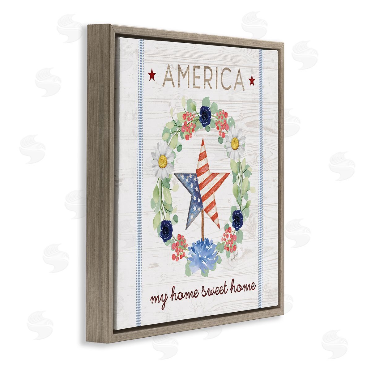 Jennifer Pugh America My Sweet Home Daisy Wreath Brown Floating Frame Canvas Wall Art Print