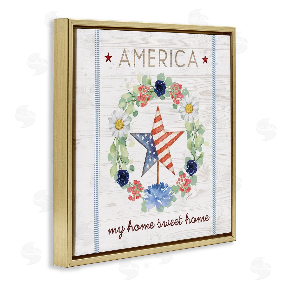 Jennifer Pugh America My Sweet Home Daisy Wreath Gold Floating Frame Canvas Wall Art Print