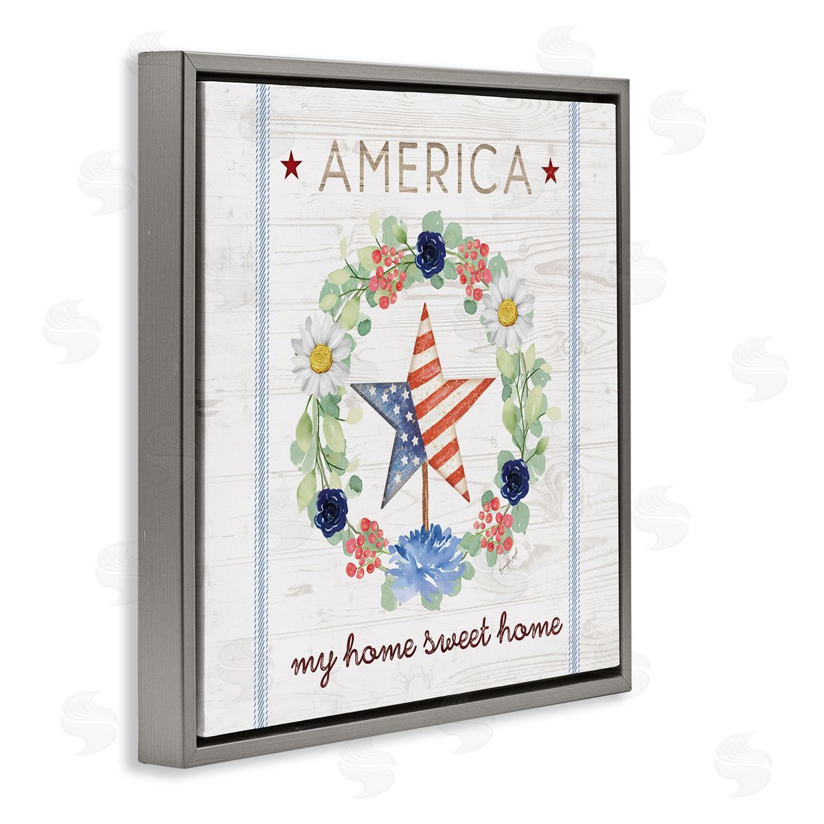 Jennifer Pugh America My Sweet Home Daisy Wreath Gray Floating Frame Canvas Wall Art Print