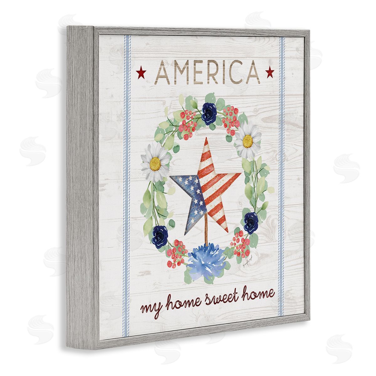 Jennifer Pugh America My Sweet Home Daisy Wreath Gray Framed Glicee Wall Art Print