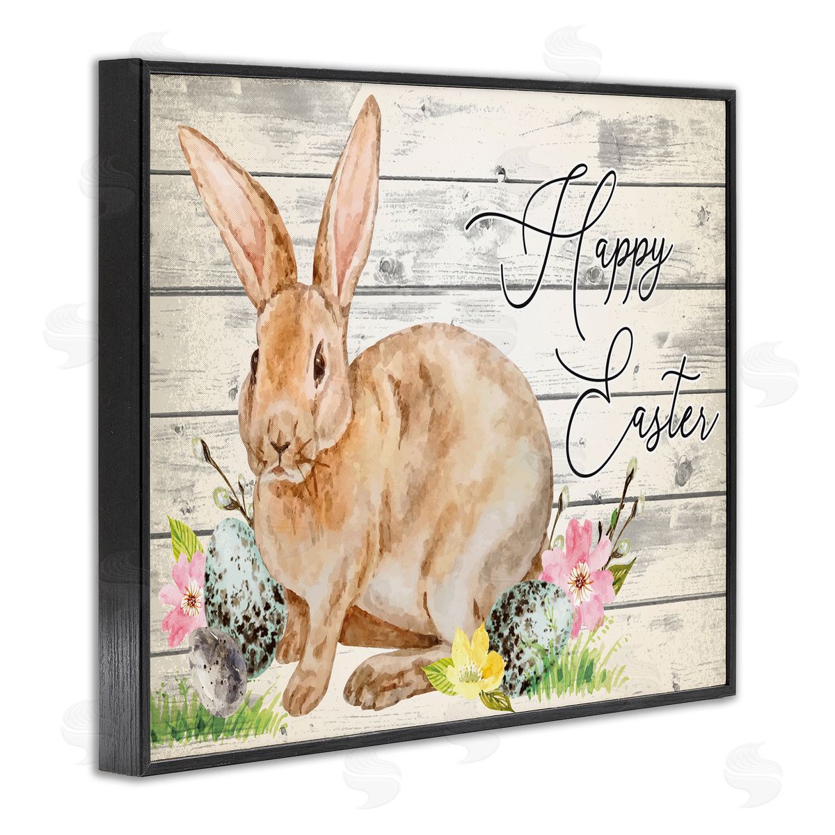 Spring Floral Happy Easter Bunny Black Frame Print Wall Art, Home Decor by ND Art