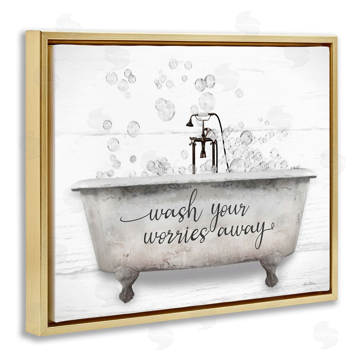 Wash Worries Away Tub Bubbles Gold Floating Frame Canvas Wall Art, Home Decor by Lori Deiter