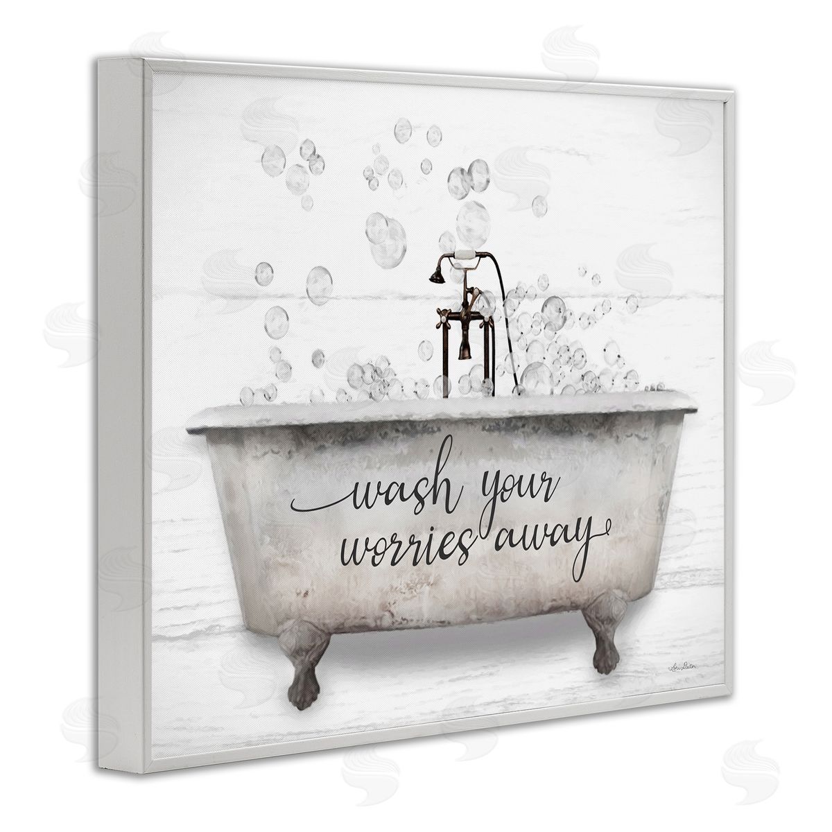 Wash Worries Away Tub Bubbles White Frame Print Wall Art, Home Decor by Lori Deiter