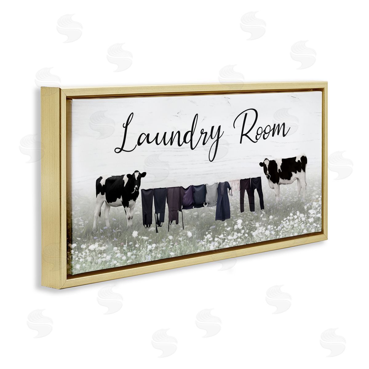 Lori Deiter Laundry Room Clothes Drying Cows Gold Floating Frame Canvas Wall Art Print