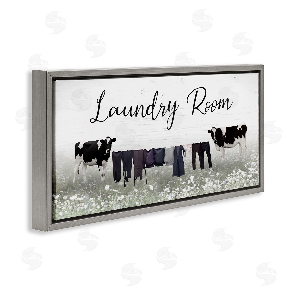Lori Deiter Laundry Room Clothes Drying Cows Gray Floating Frame Canvas Wall Art Print