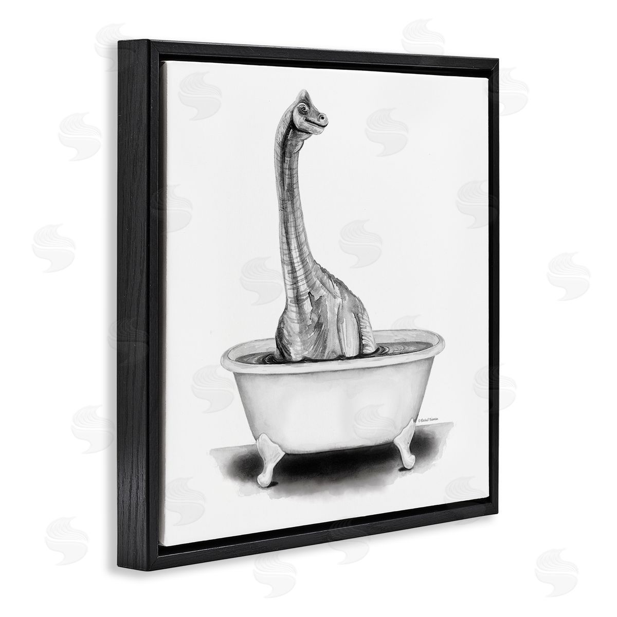Rachel Nieman Dinosaur Vintage Bathroom Tub  Black Floating Frame Canvas Wall Art Print