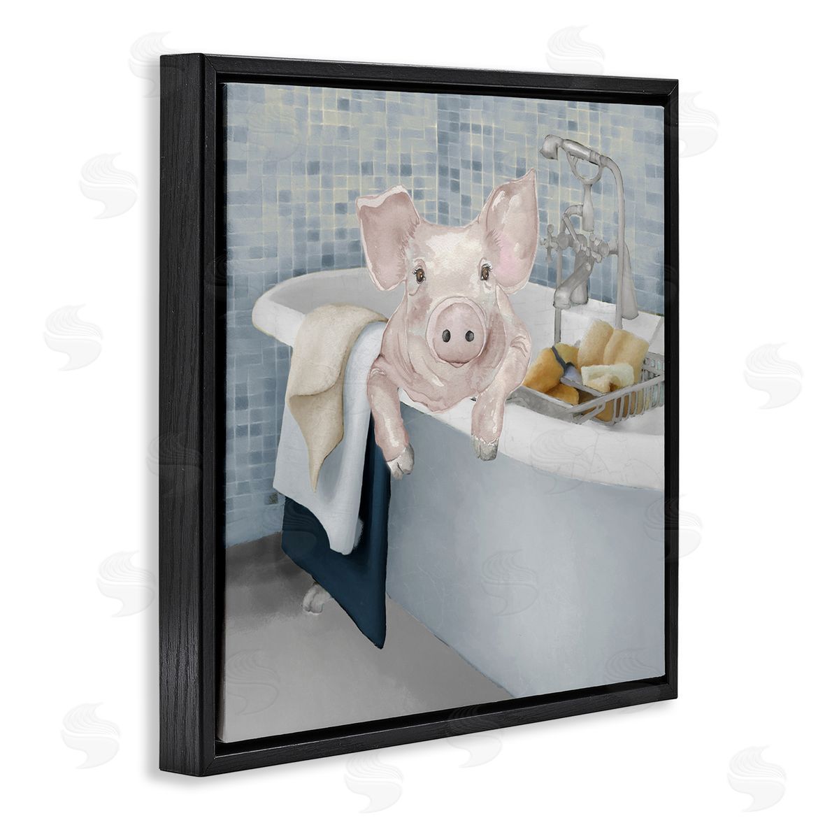 Elizabeth Medley Pig Bathing Bathroom Tub Animal Black Floating Frame Canvas Wall Art Print