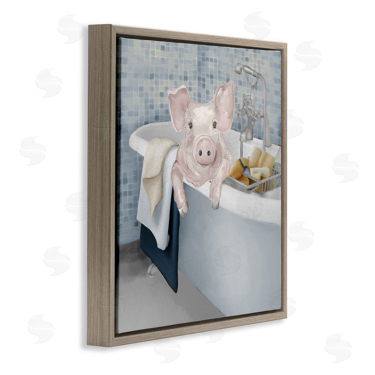 Elizabeth Medley Pig Bathing Bathroom Tub Animal Brown Floating Frame Canvas Wall Art Print