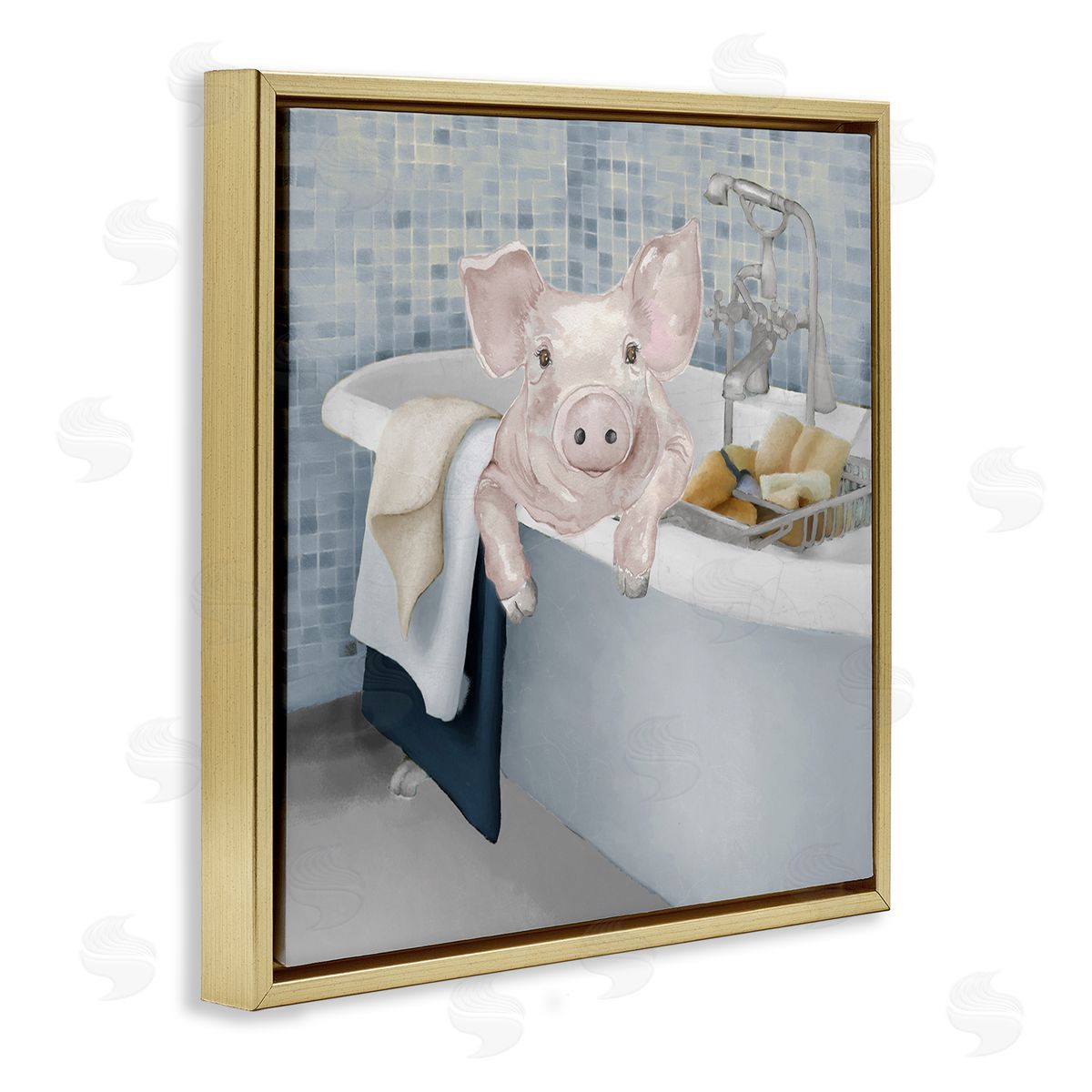 Elizabeth Medley Pig Bathing Bathroom Tub Animal Gold Floating Frame Canvas Wall Art Print