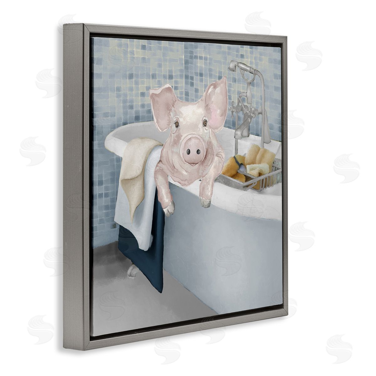 Elizabeth Medley Pig Bathing Bathroom Tub Animal Gray Floating Frame Canvas Wall Art Print