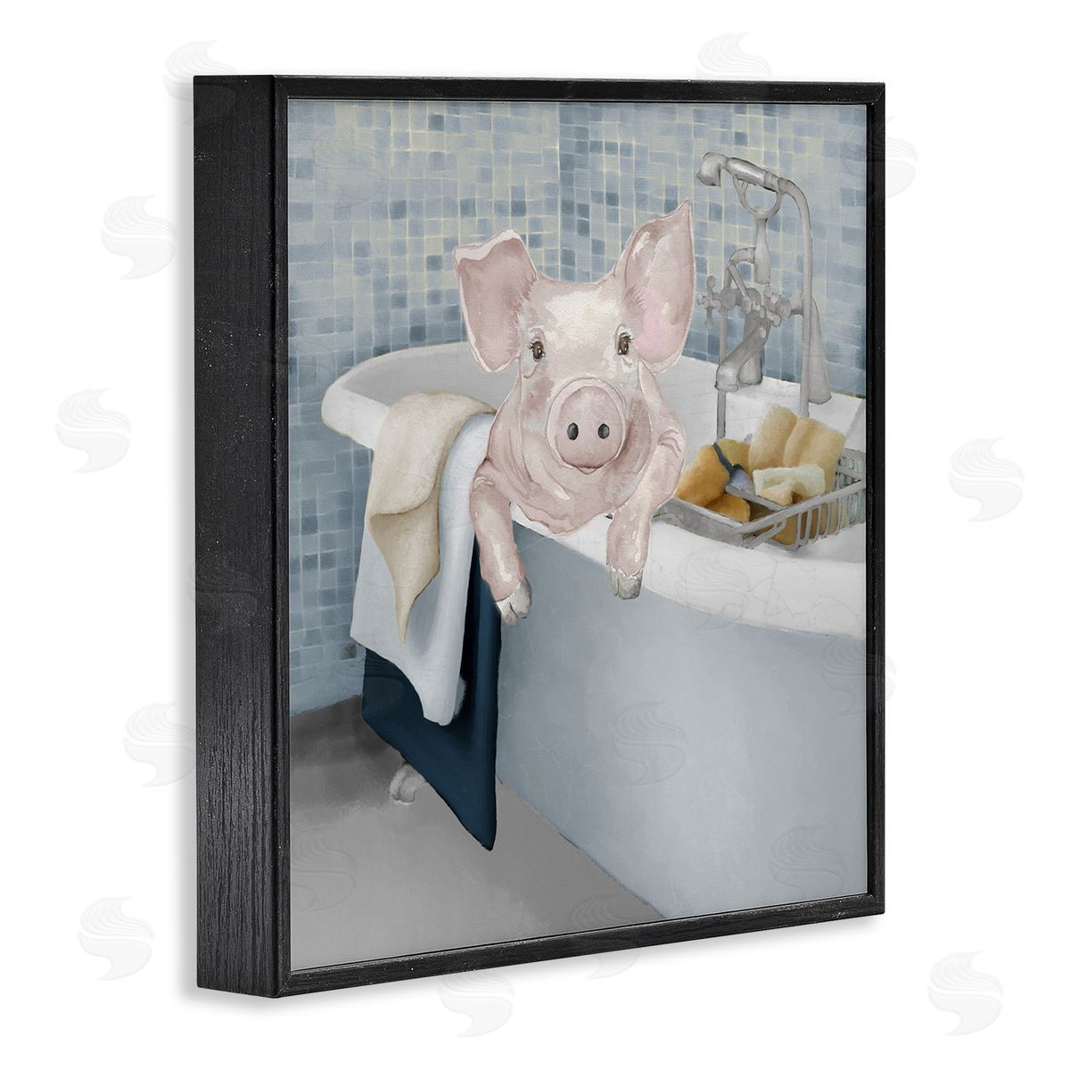 Elizabeth Medley Pig Bathing Bathroom Tub Animal Black Framed Glicee Wall Art Print
