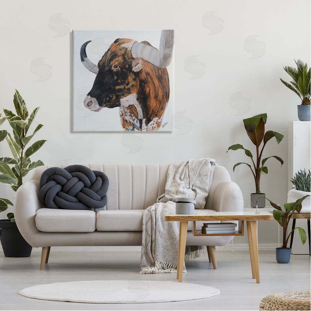 Kathy Winkler Longhorn Cattle Farmhouse Portrait Canvas Wall Art in Room