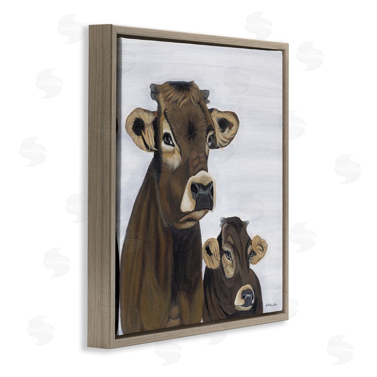 Ashley Justice Mom & Baby Cow Painting Brown Floating Frame Canvas Wall Art Print