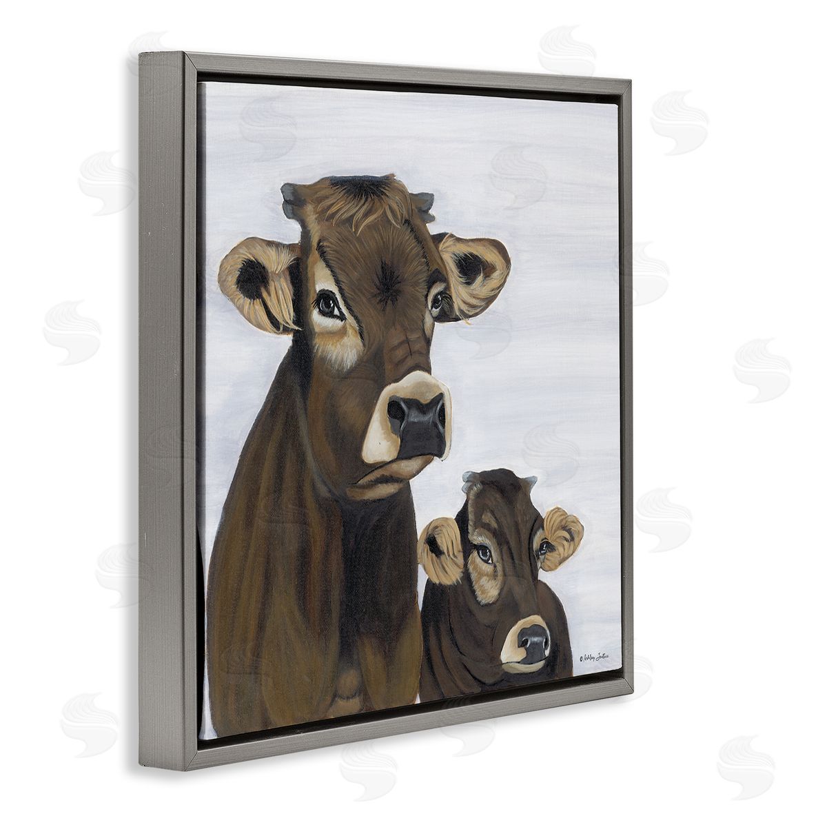 Ashley Justice Mom & Baby Cow Painting Gray Floating Frame Canvas Wall Art Print