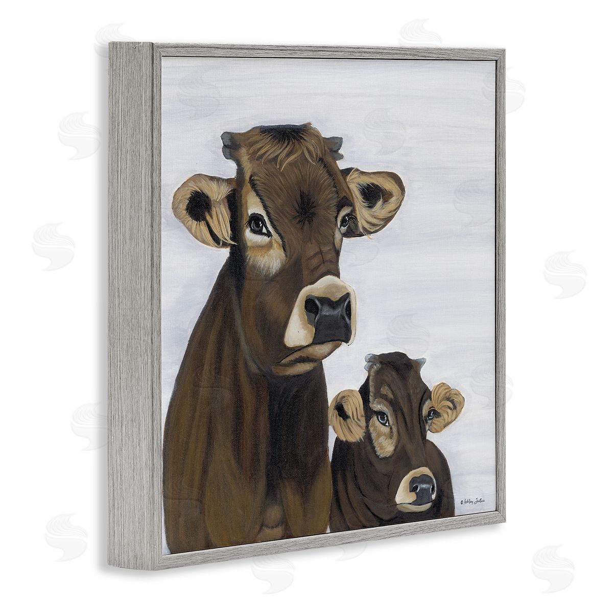 Ashley Justice Mom & Baby Cow Painting Gray Framed Glicee Wall Art Print