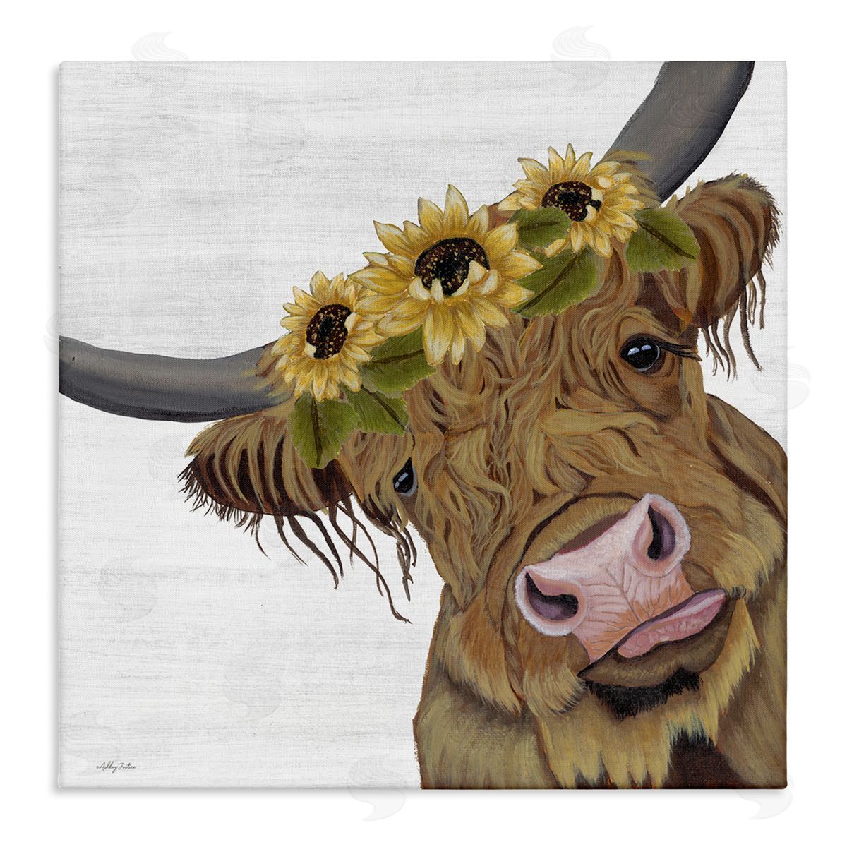 Ashley Justice Cute Highland Cattle Sunflower Crown Stretched Canvas Wall Art Print