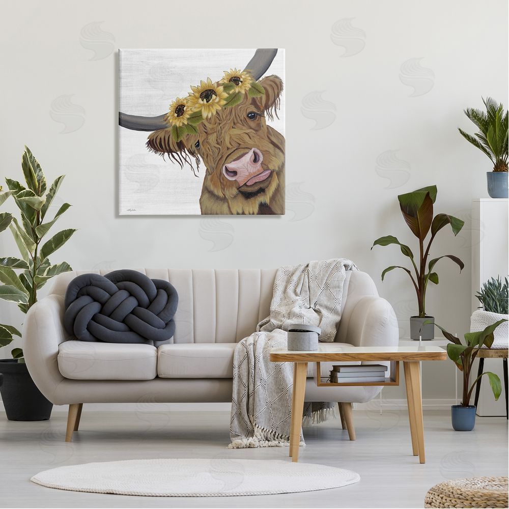 Ashley Justice Cute Highland Cattle Sunflower Crown Canvas Wall Art in Room