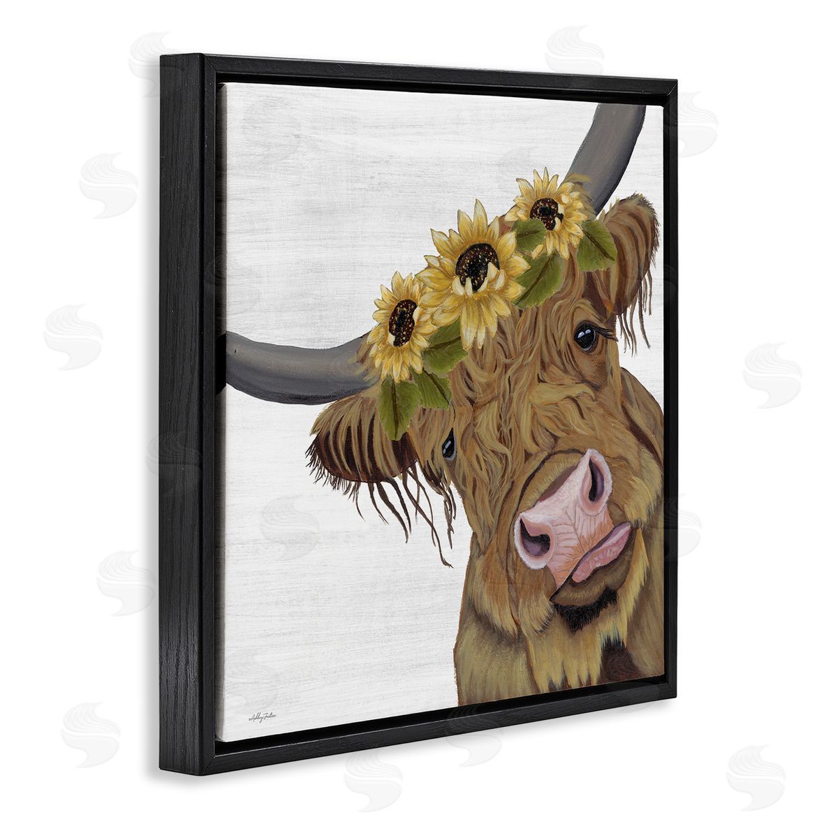 Ashley Justice Cute Highland Cattle Sunflower Crown Black Floating Frame Canvas Wall Art Print