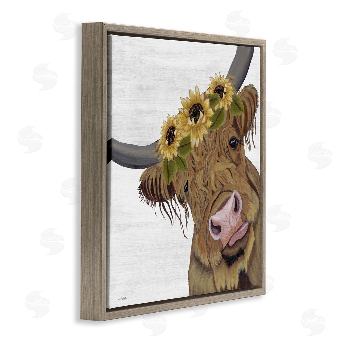 Ashley Justice Cute Highland Cattle Sunflower Crown Brown Floating Frame Canvas Wall Art Print
