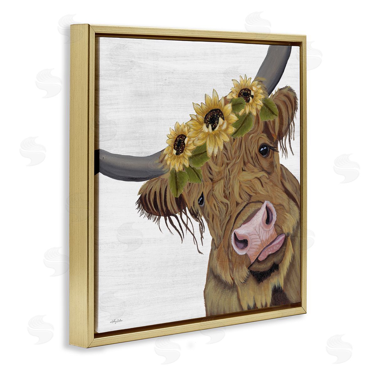 Ashley Justice Cute Highland Cattle Sunflower Crown Gold Floating Frame Canvas Wall Art Print