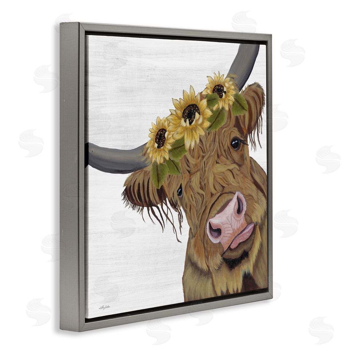Ashley Justice Cute Highland Cattle Sunflower Crown Gray Floating Frame Canvas Wall Art Print