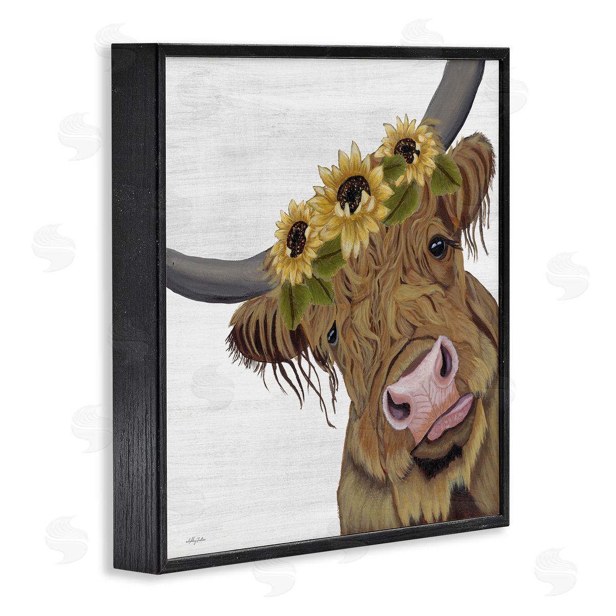 Ashley Justice Cute Highland Cattle Sunflower Crown Black Framed Glicee Wall Art Print