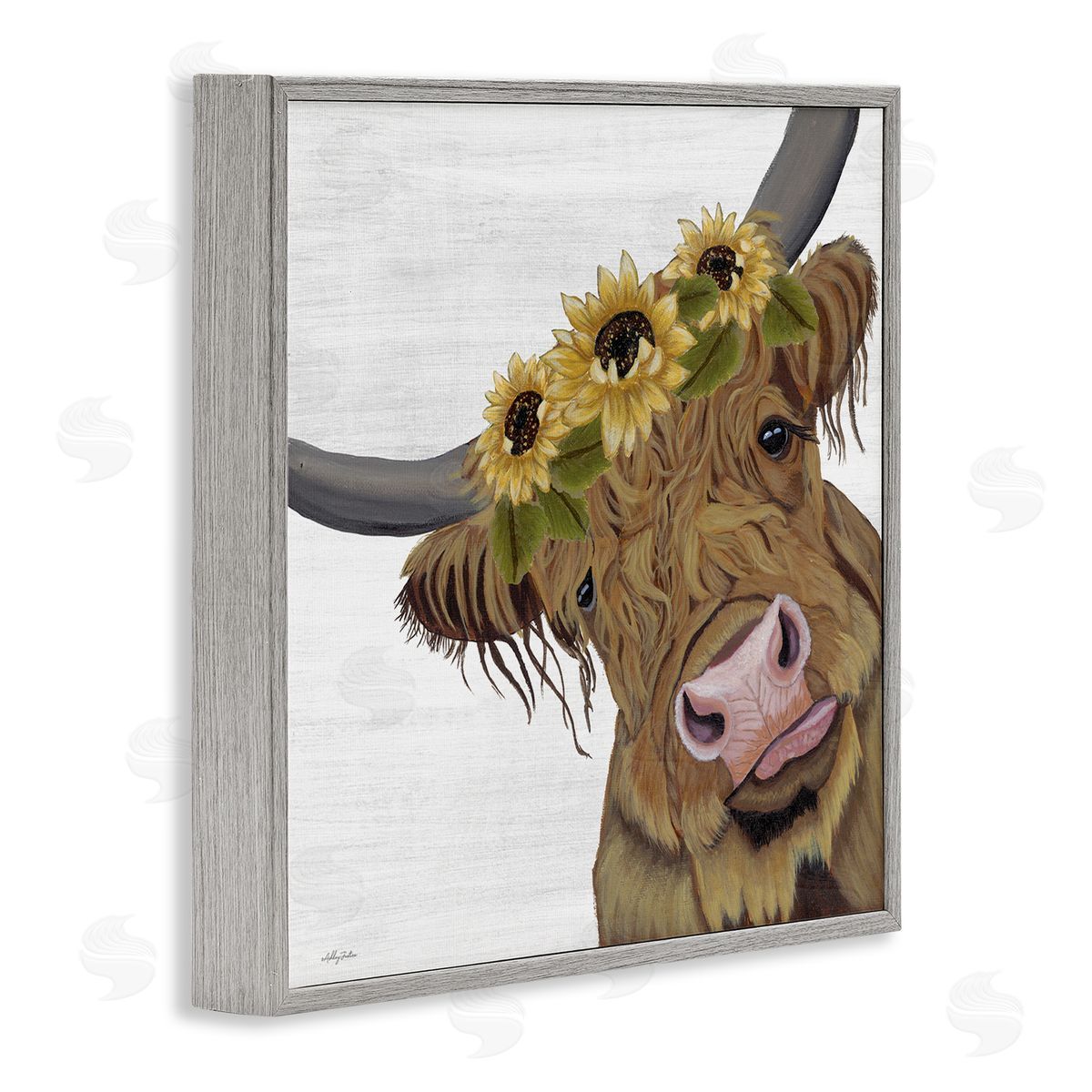 Ashley Justice Cute Highland Cattle Sunflower Crown Gray Framed Glicee Wall Art Print