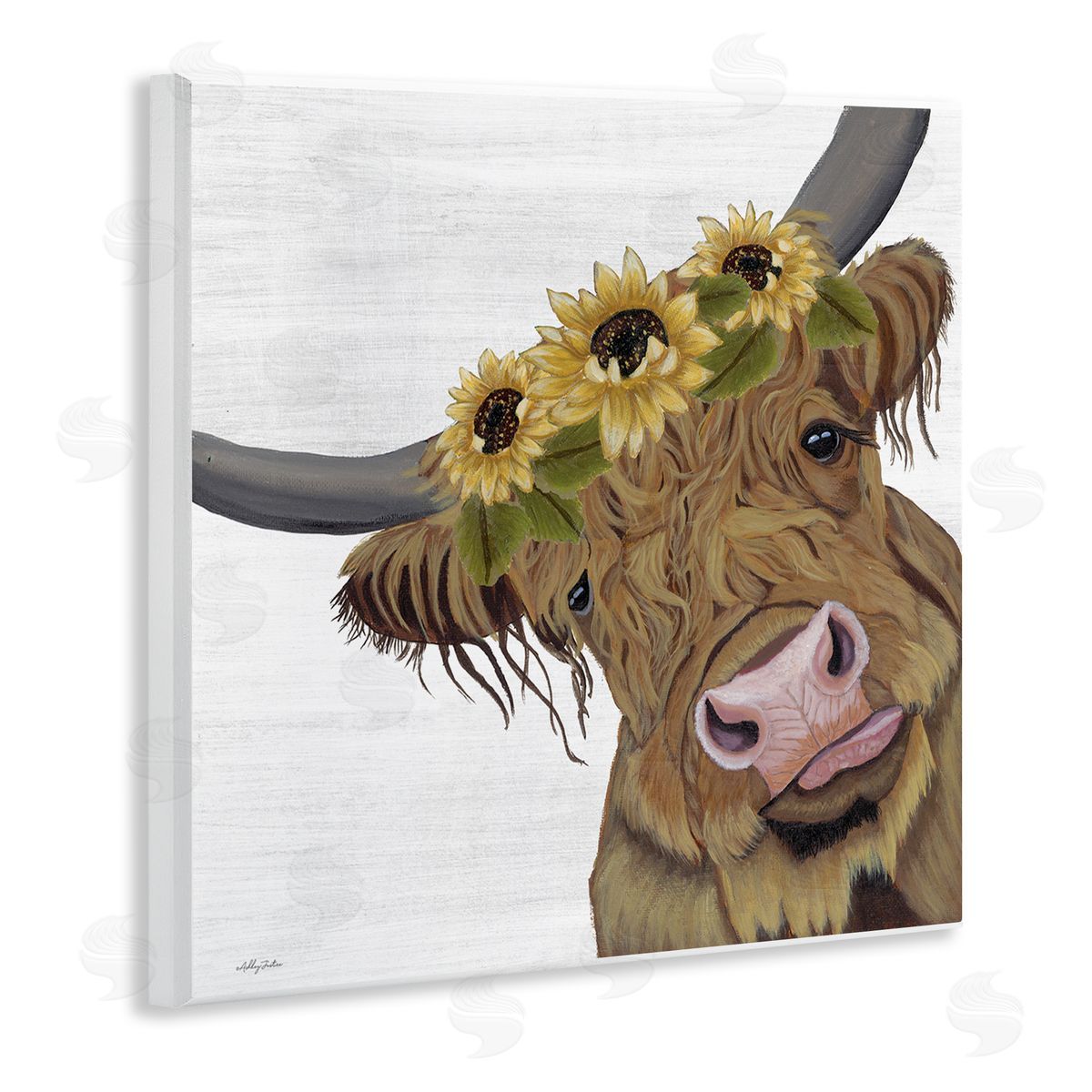 Ashley Justice Cute Highland Cattle Sunflower Crown Wooden Wall Plaque Art Print