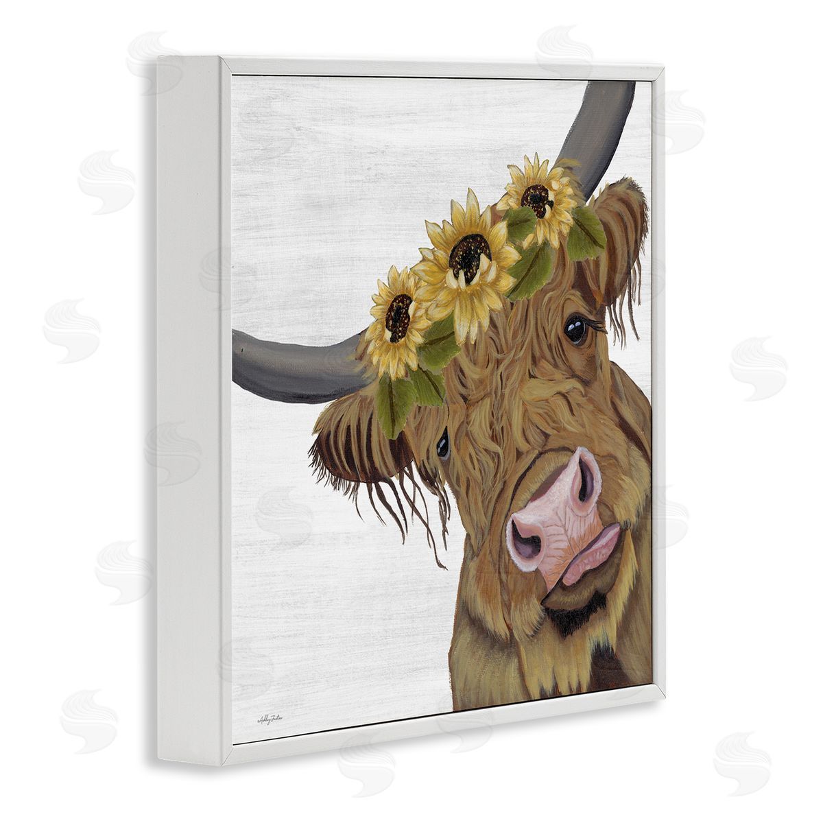 Ashley Justice Cute Highland Cattle Sunflower Crown White Framed Glicee Wall Art Print