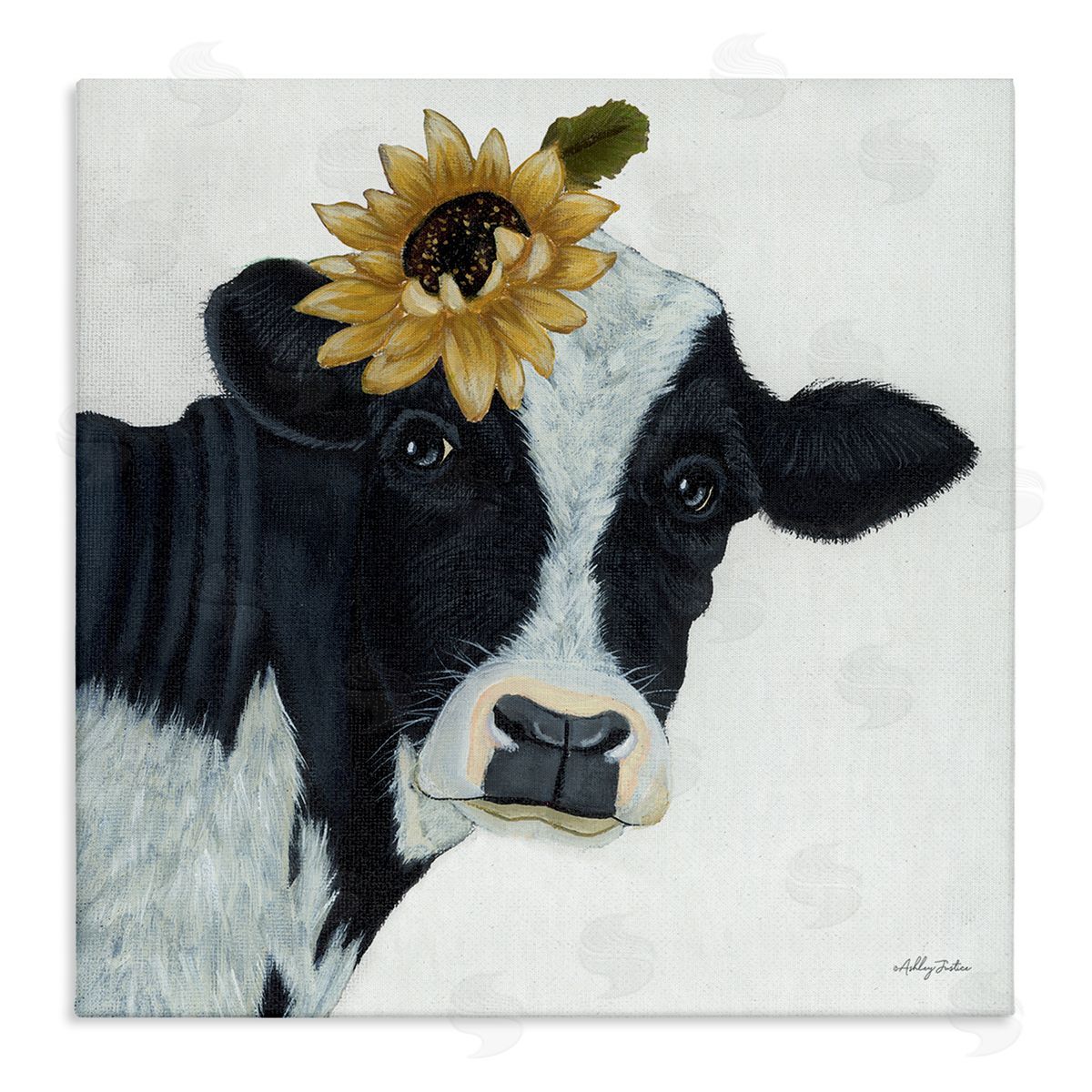 Ashley Justice Cow Portrait Sunflower Blossom Farmhouse Stretched Canvas Wall Art Print