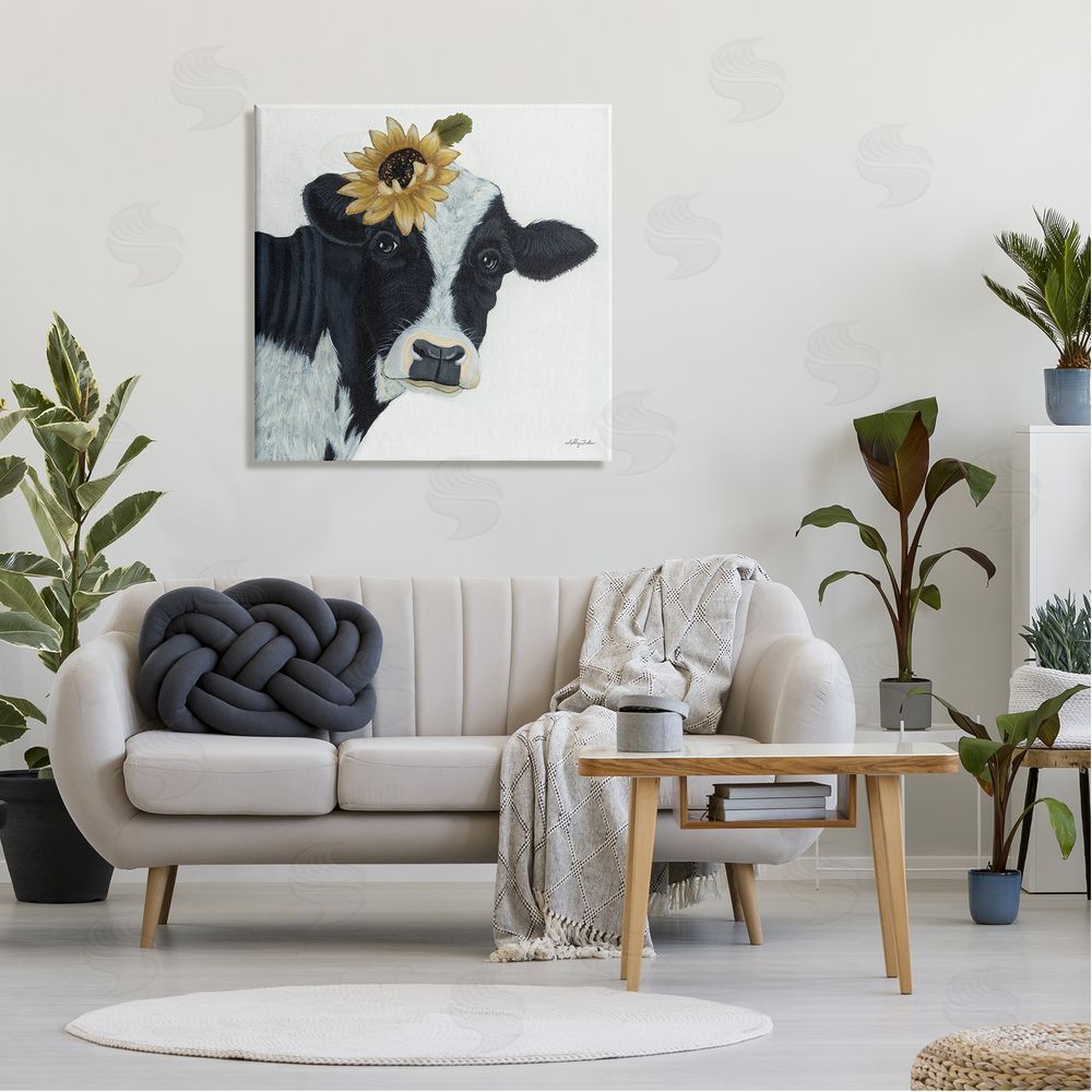 Ashley Justice Cow Portrait Sunflower Blossom Farmhouse Canvas Wall Art in Room