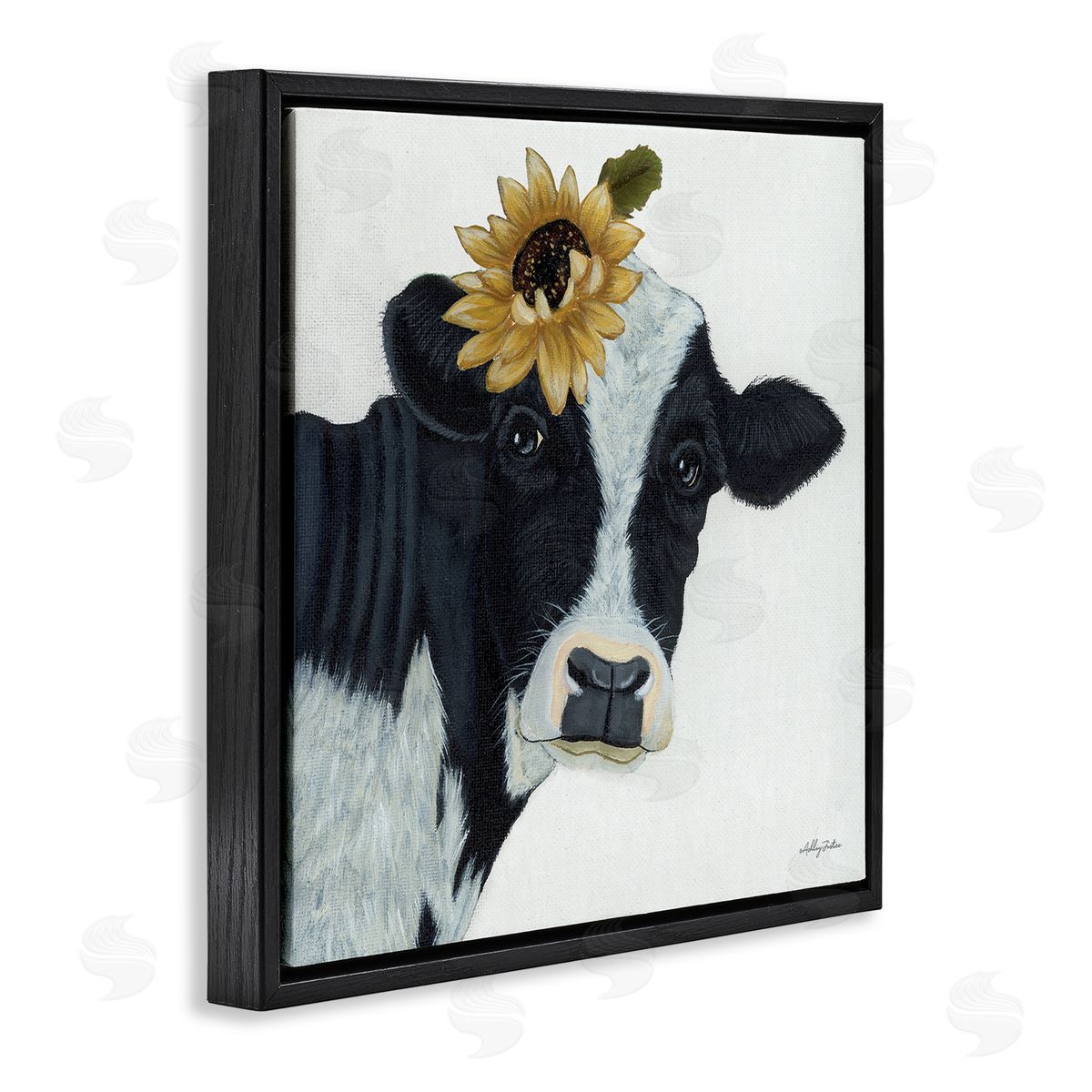 Ashley Justice Cow Portrait Sunflower Blossom Farmhouse Black Floating Frame Canvas Wall Art Print