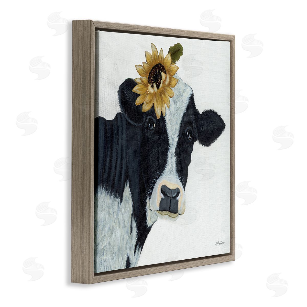 Ashley Justice Cow Portrait Sunflower Blossom Farmhouse Brown Floating Frame Canvas Wall Art Print