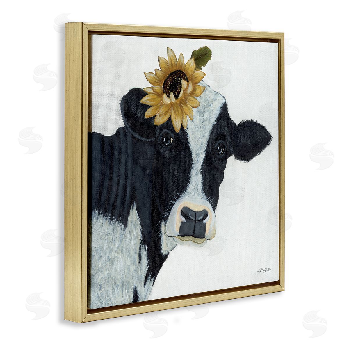 Ashley Justice Cow Portrait Sunflower Blossom Farmhouse Gold Floating Frame Canvas Wall Art Print